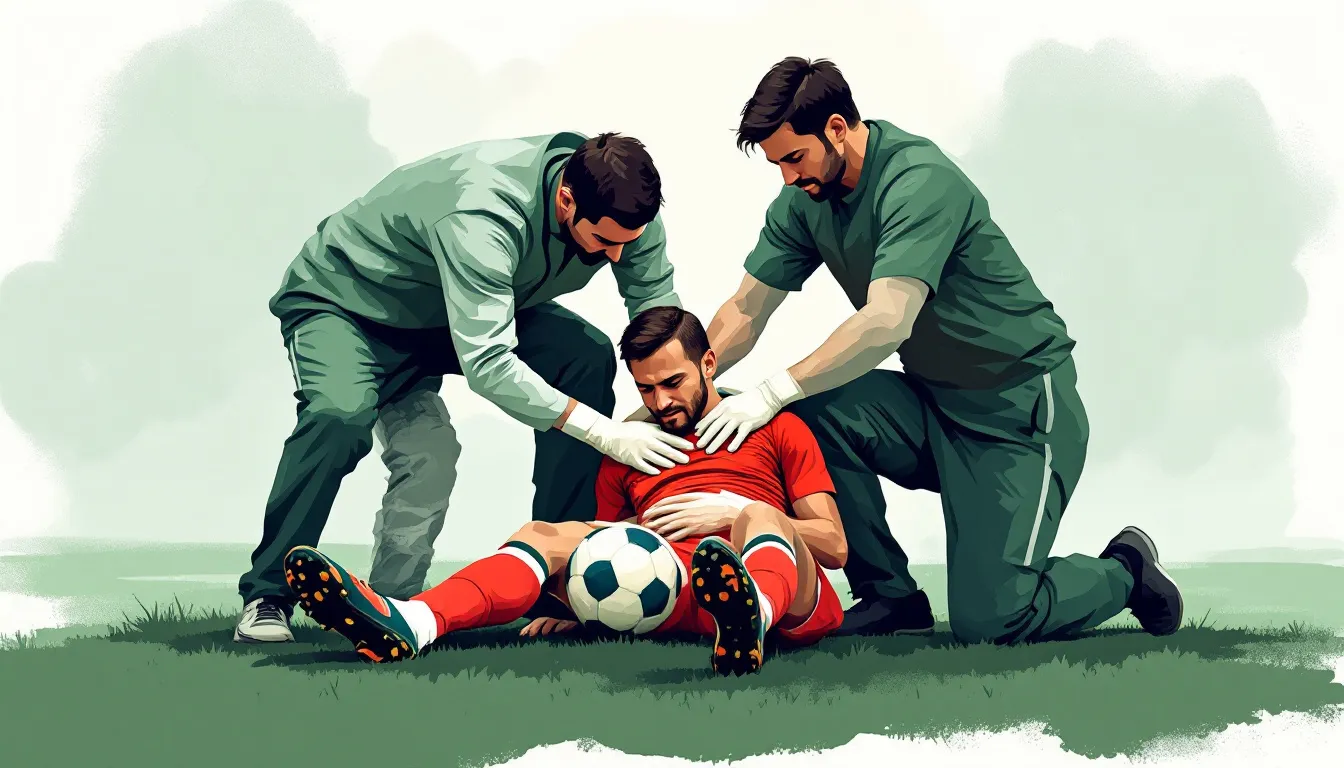 Ilustración conceptual de atención médica a un futbolista lesionado en el césped de un estadio