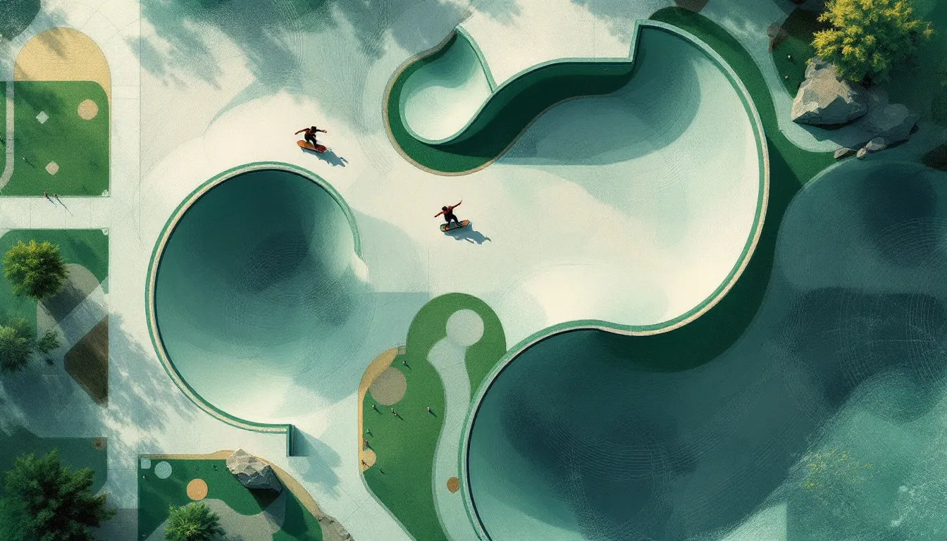 Ilustración conceptual de una rampa de skateboarding con líneas dinámicas de movimiento