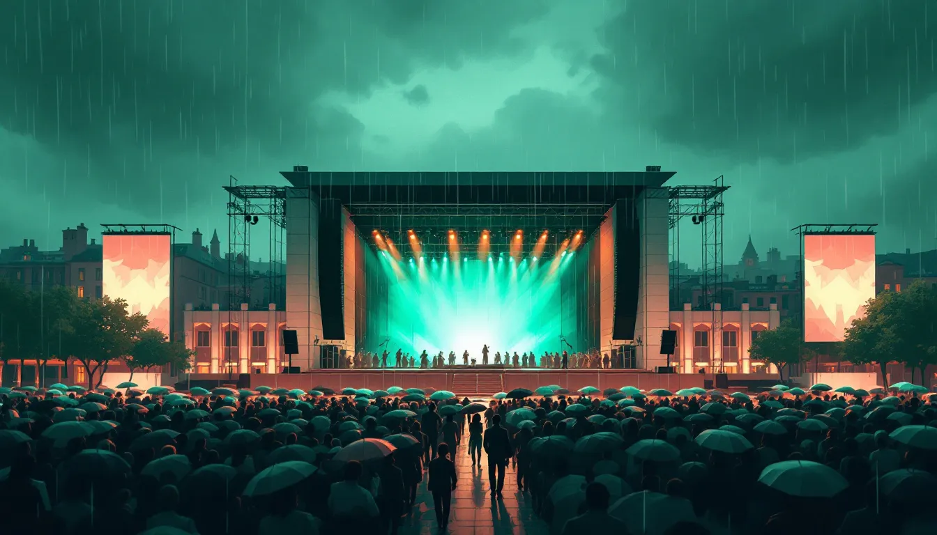 Ilustración de un escenario multitudinario al aire libre bajo la lluvia en ambiente festivo