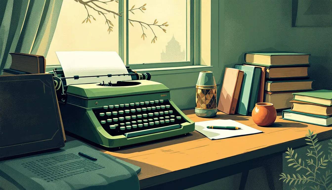 Ilustración conceptual de máquina de escribir y libros representando el mundo literario