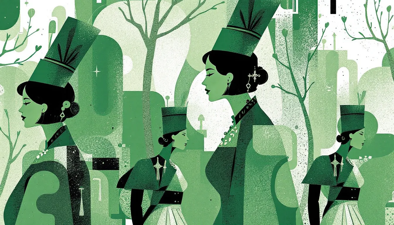 Ilustración conceptual de celebración tradicional vasca con figuras femeninas en trajes históricos