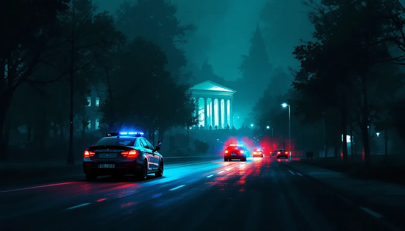 Ilustración editorial abstracta de luces policiales de emergencia en carretera nocturna