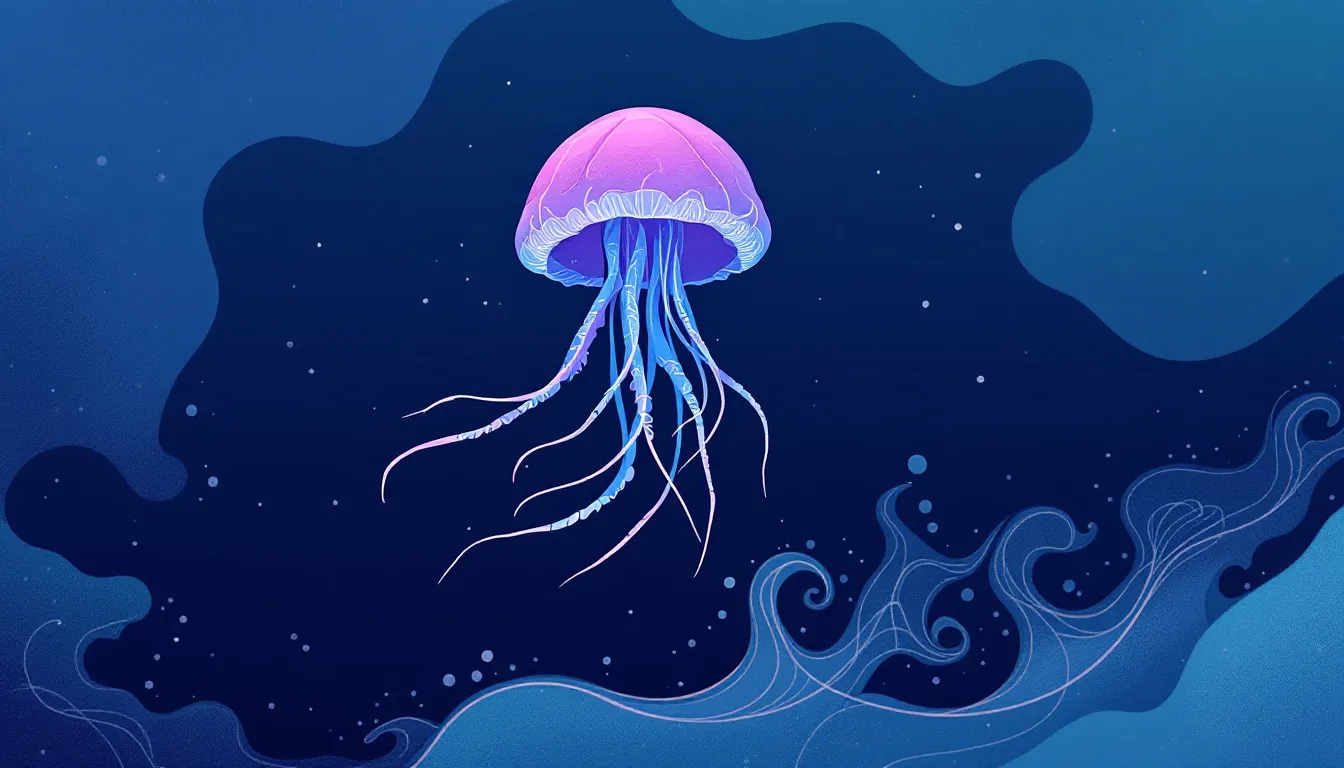 Ilustración conceptual de carabela portuguesa en el agua cerca de la costa vasca, símbolo de alerta de seguridad playera