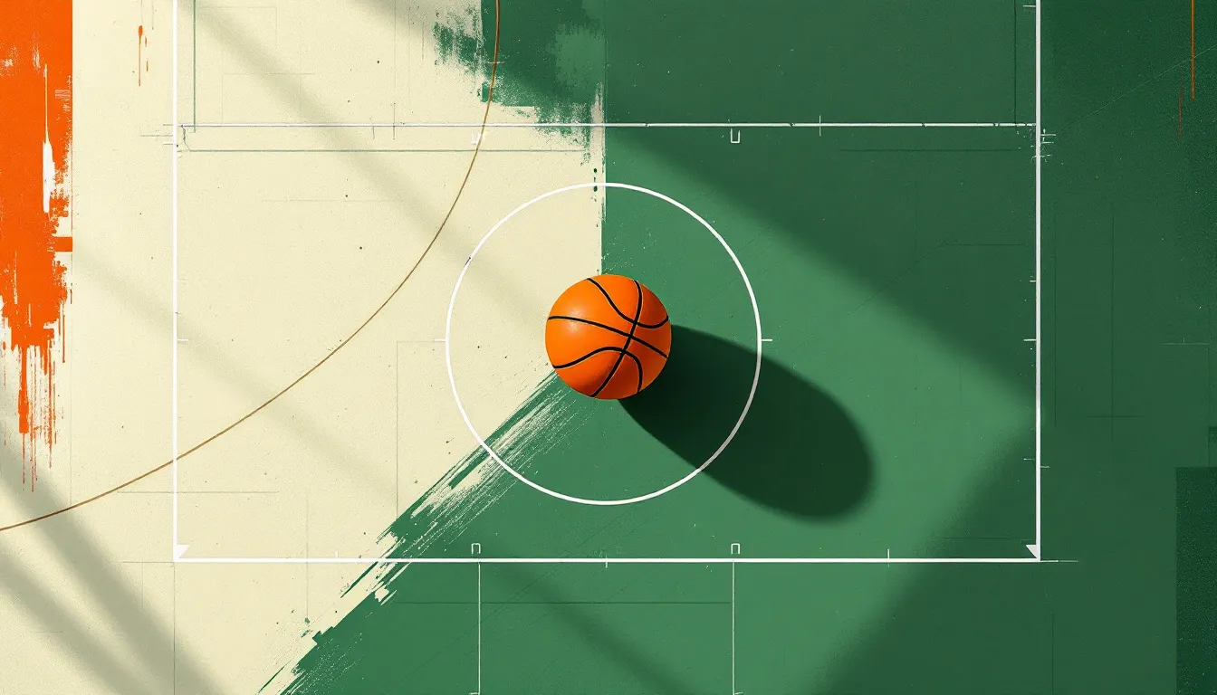 Ilustración editorial de cancha de baloncesto vista desde arriba con balón en movimiento