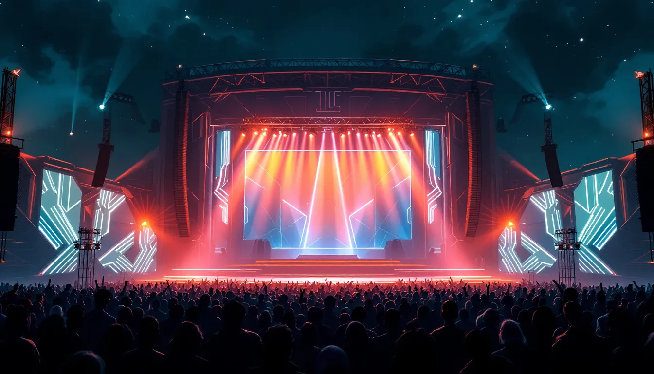 Ilustración de un concierto en estadio con iluminación futurista y estética distópica