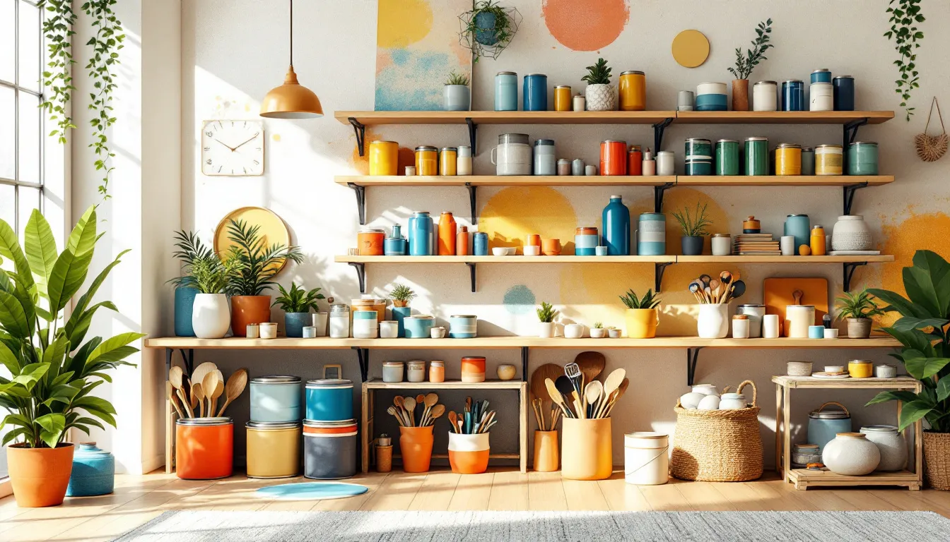 Representación editorial de una tienda de pinturas y decoración con atmósfera acogedora