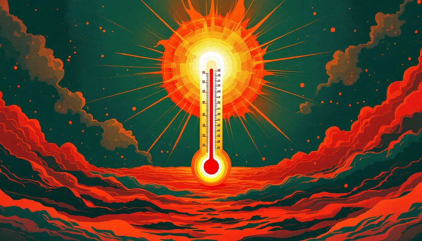 Ilustración conceptual sobre una ola de calor extremo con tonos rojos y naranjas