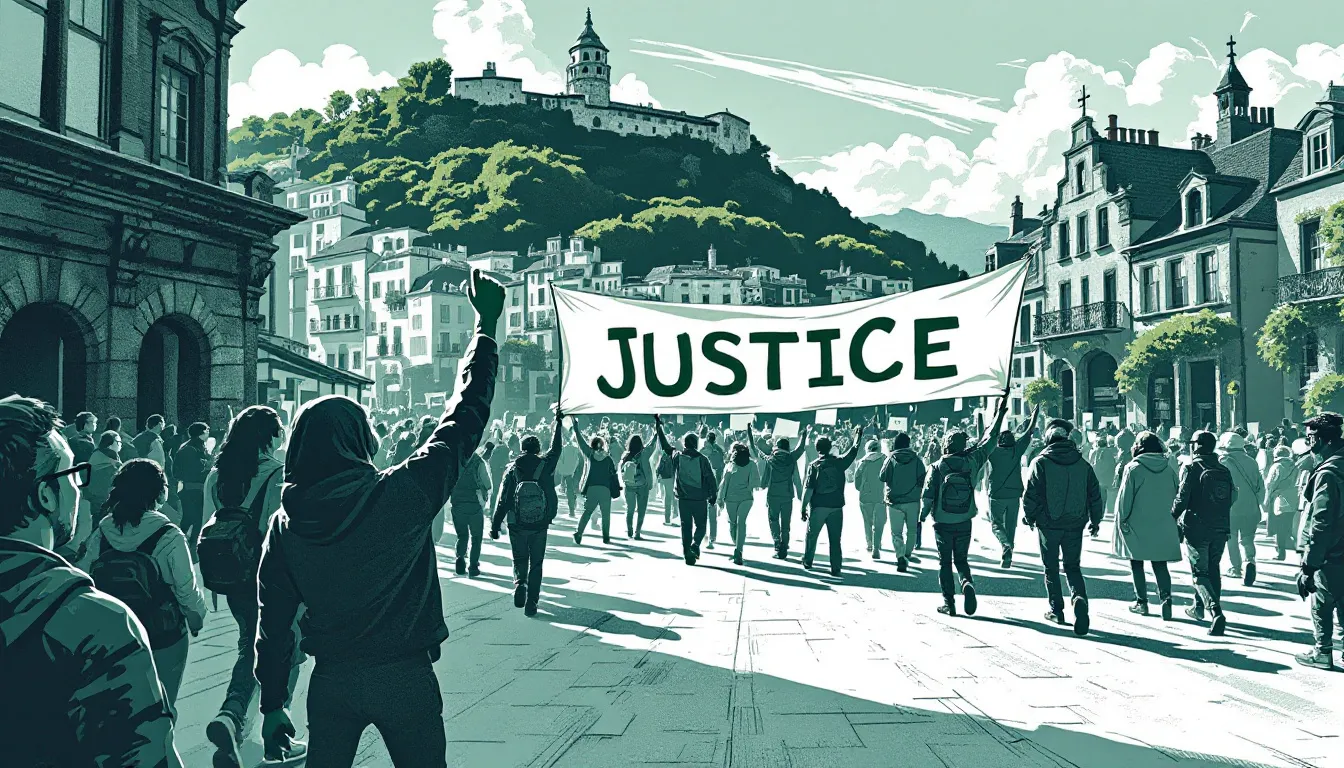 Ilustración editorial de protesta ciudadana por justicia con arquitectura urbana vasca al fondo