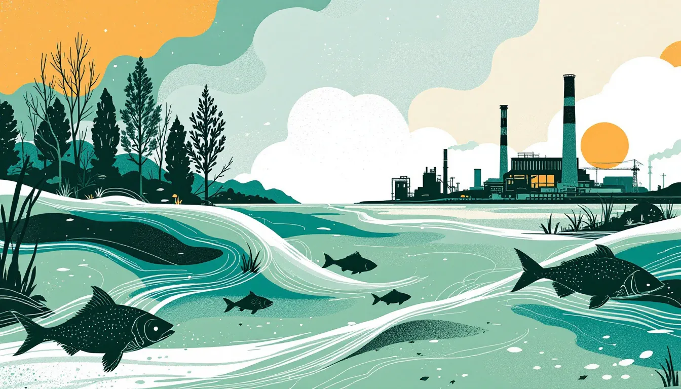 Ilustración conceptual sobre contaminación fluvial y crisis medioambiental en un río