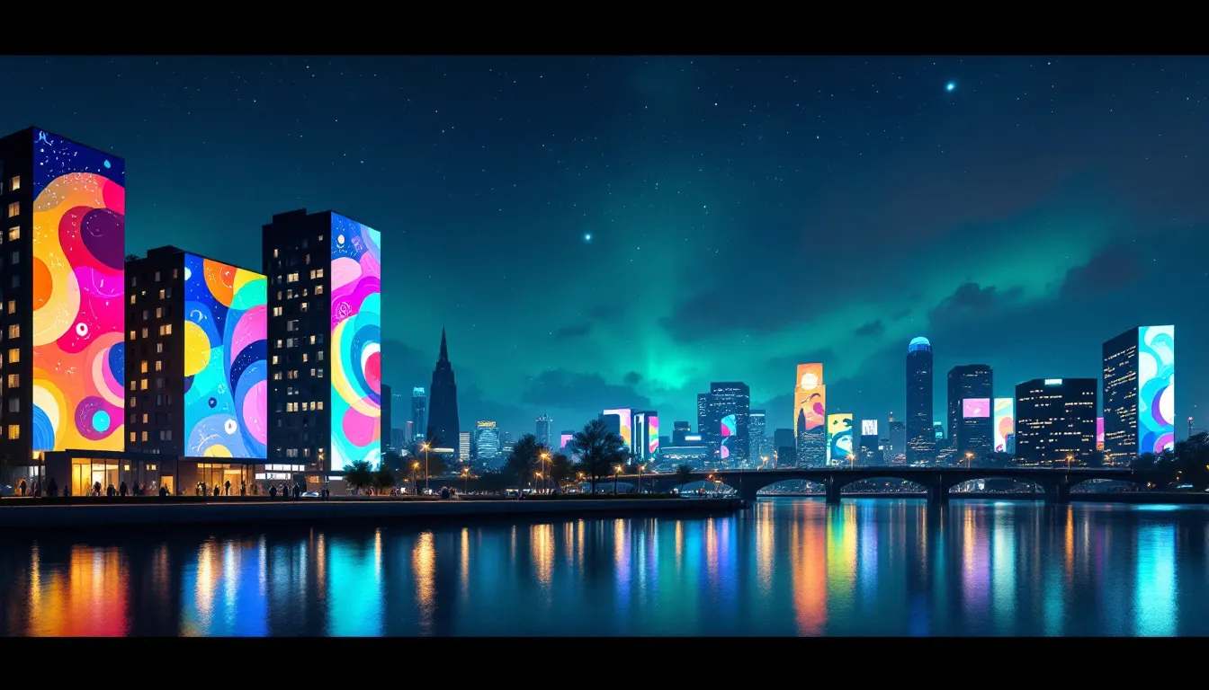 Ilustración conceptual de instalaciones lumínicas urbanas en una ciudad nocturna con proyecciones de colores