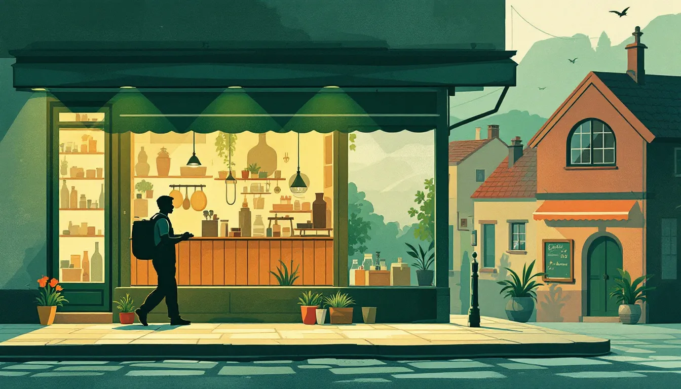 Ilustración editorial de comercio de proximidad en una localidad del País Vasco