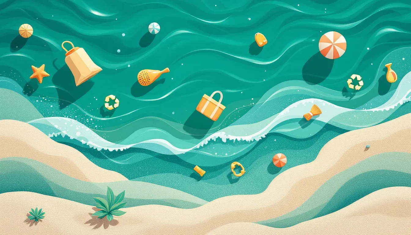 Ilustración conceptual sobre sostenibilidad costera y reutilización de materiales en playas