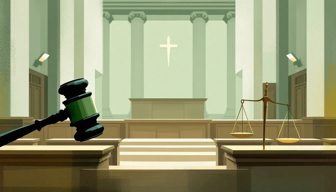 Representación abstracta de procedimiento judicial con martillo y balanza de justicia