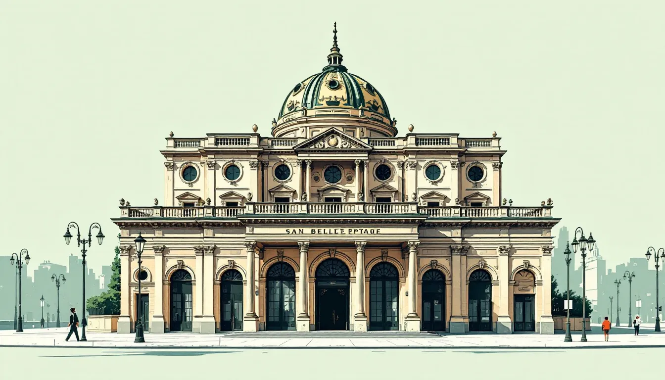 Ilustración de edificio histórico estilo Belle Époque con cúpula ornamental y fachada elegante