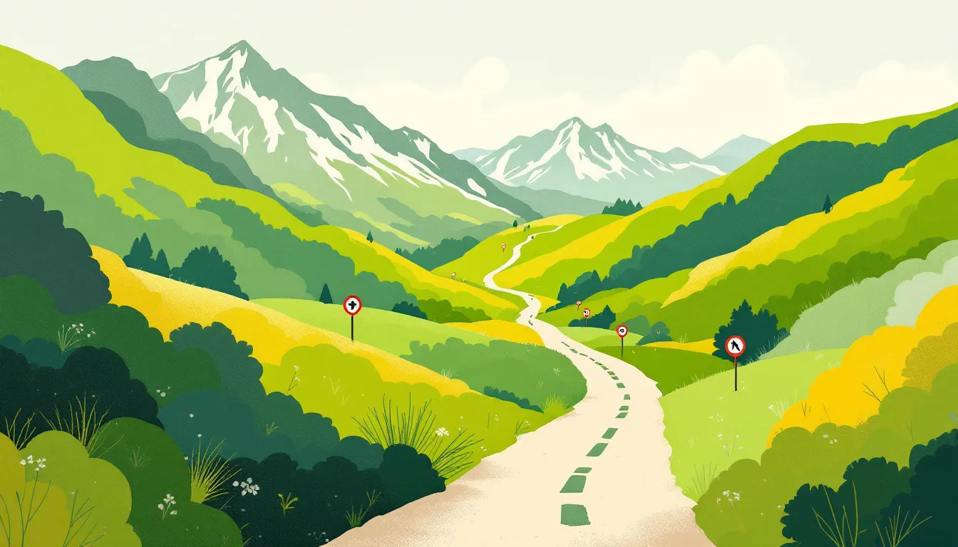 Ilustración conceptual de una ruta de peregrinación en zona montañosa del norte de España