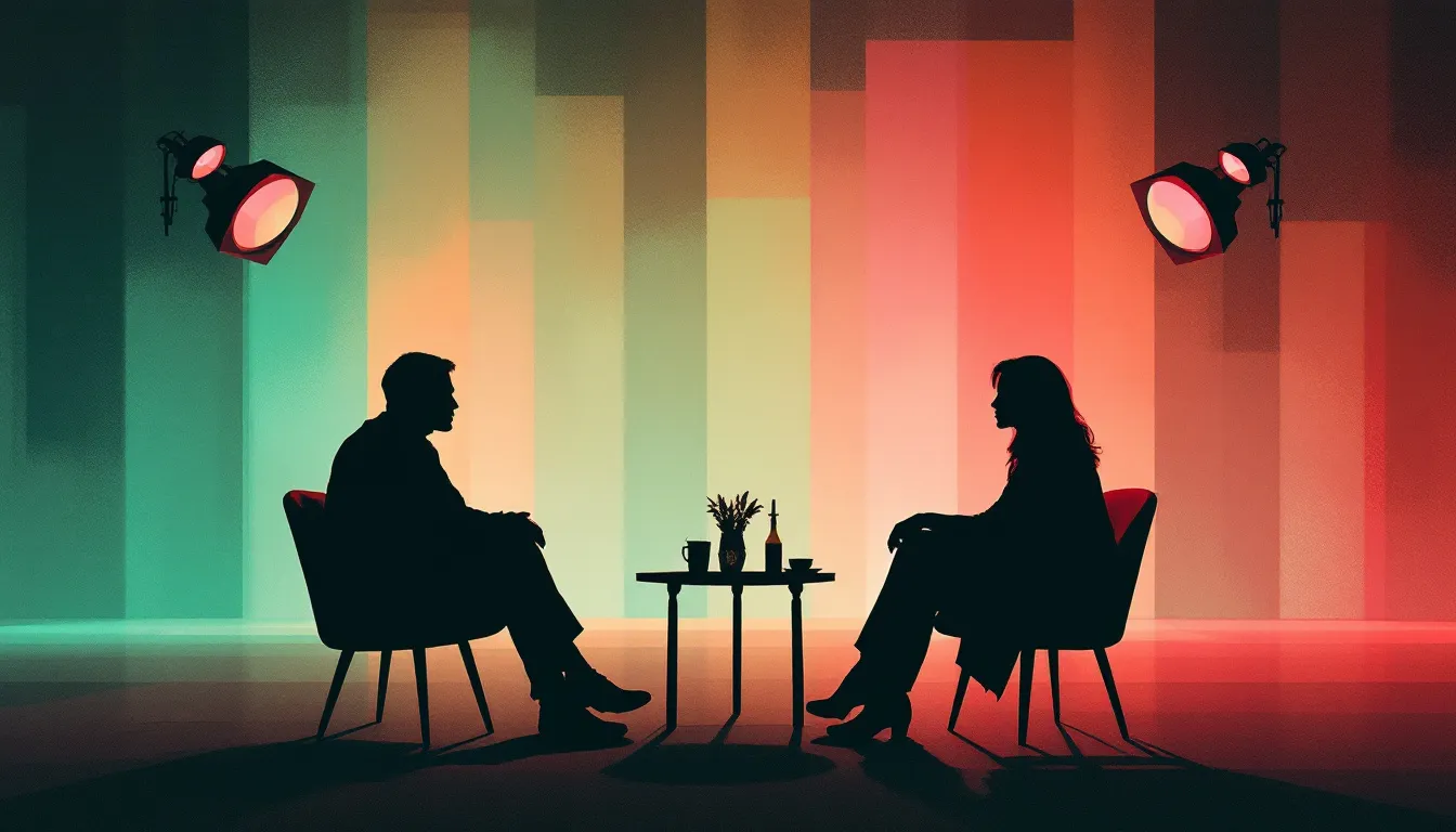 Ilustración conceptual de un plató de entrevistas con dos sillas enfrentadas bajo iluminación cálida