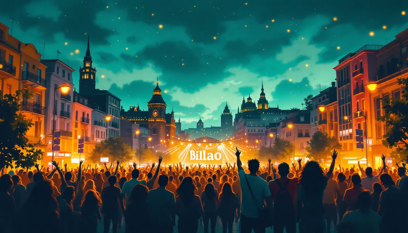 Ilustración abstracta del ambiente festivo de la Aste Nagusia en Bilbao