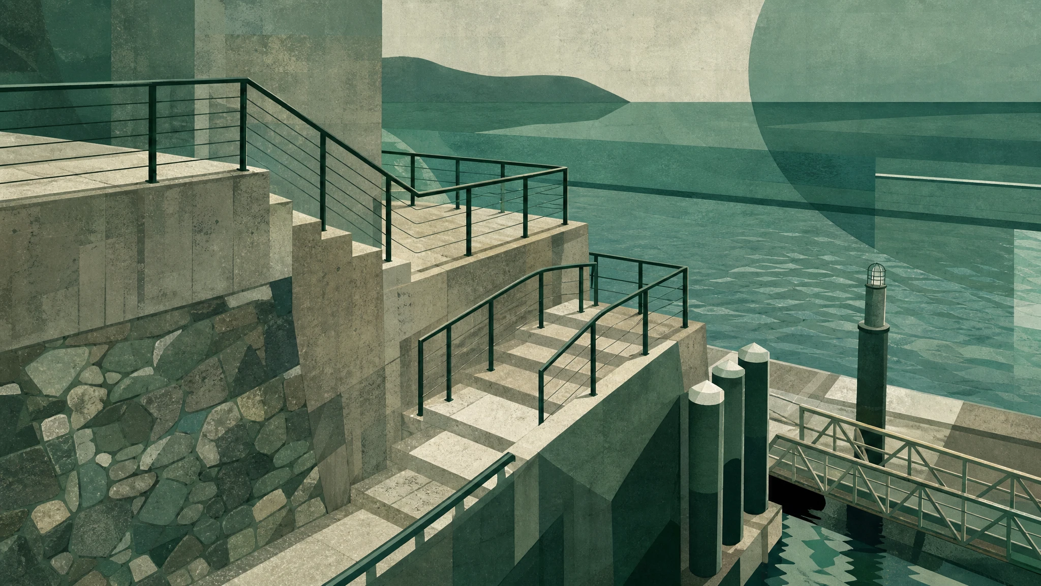 Ilustración editorial de una escalera de acceso a un muelle portuario