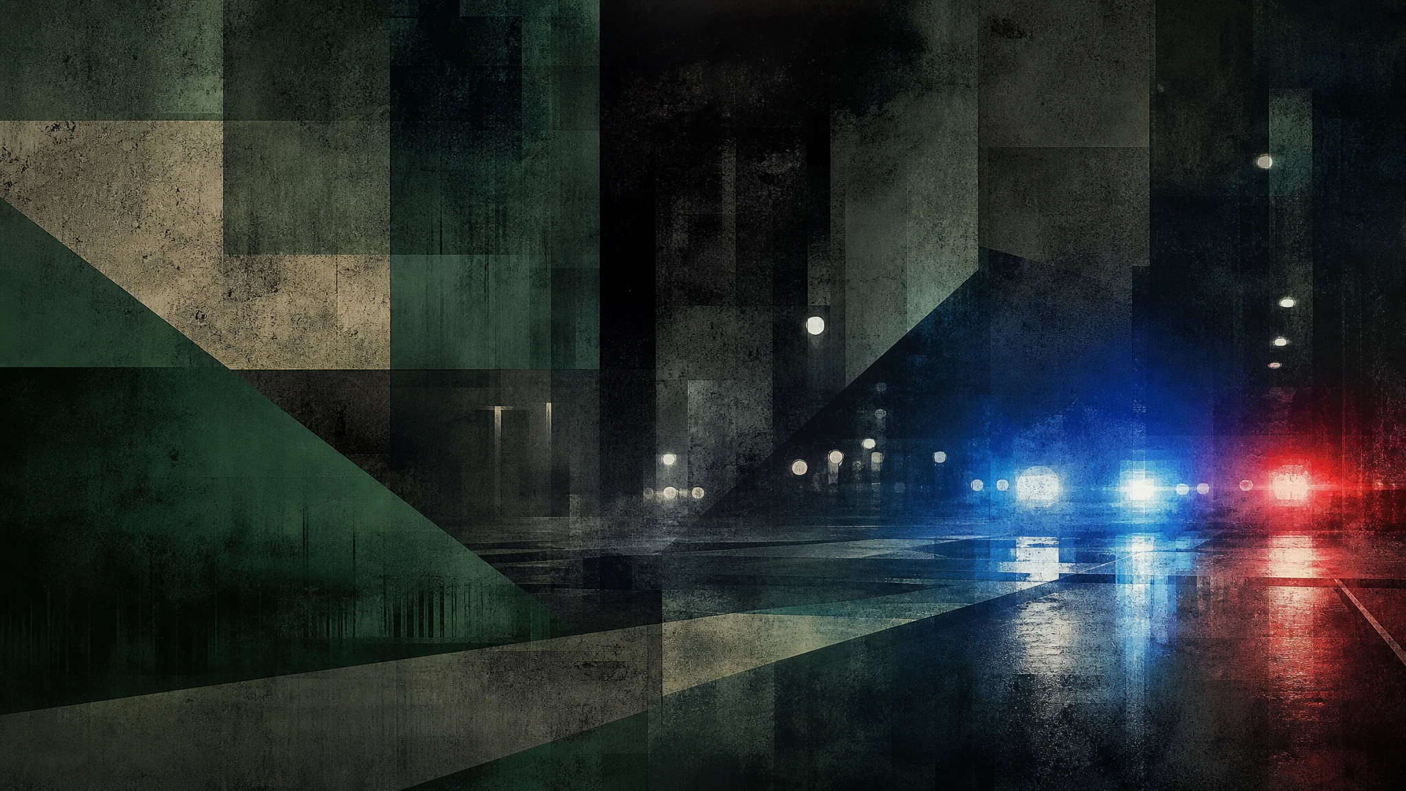 Ilustración editorial conceptual de luces policiales en entorno urbano nocturno