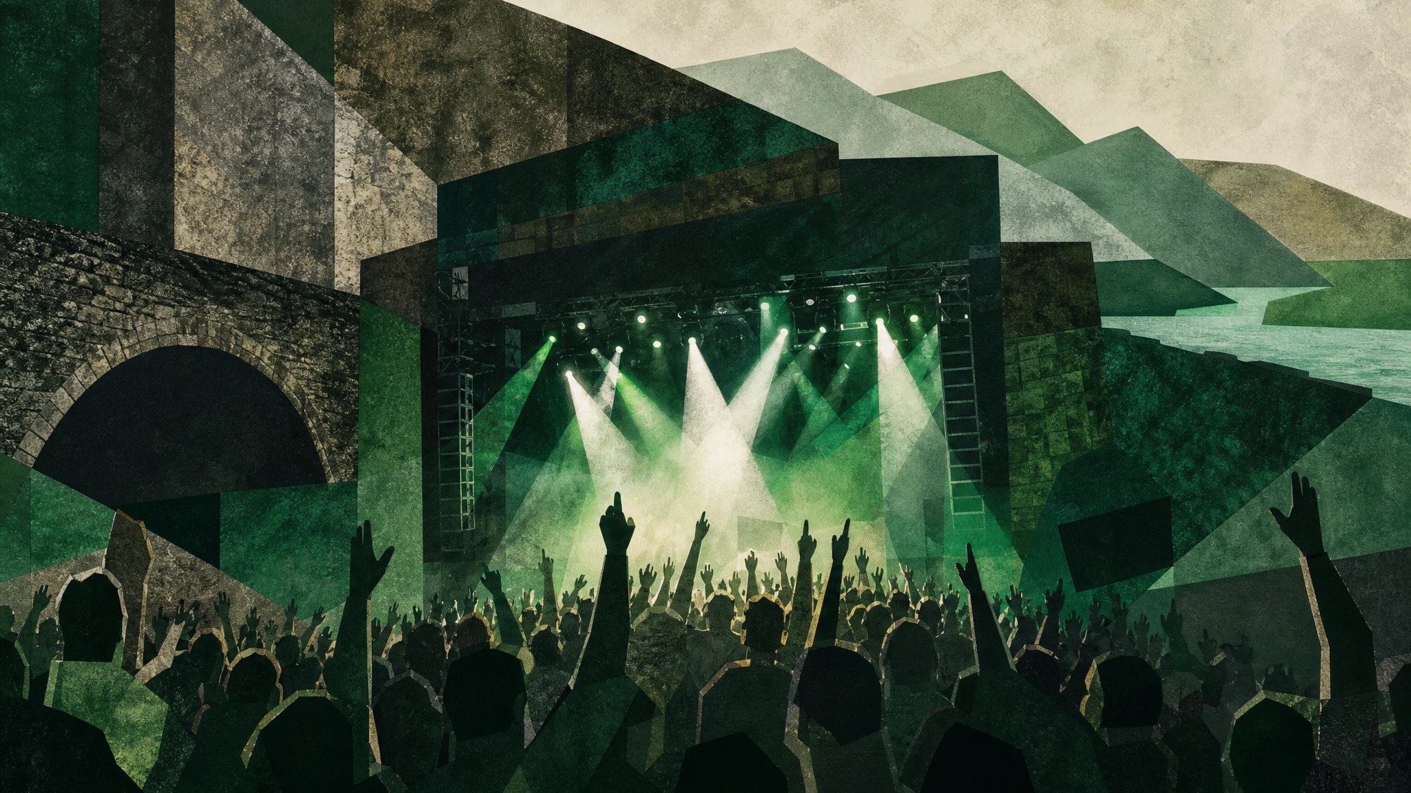 Ilustración de un escenario de concierto con luces y siluetas de público