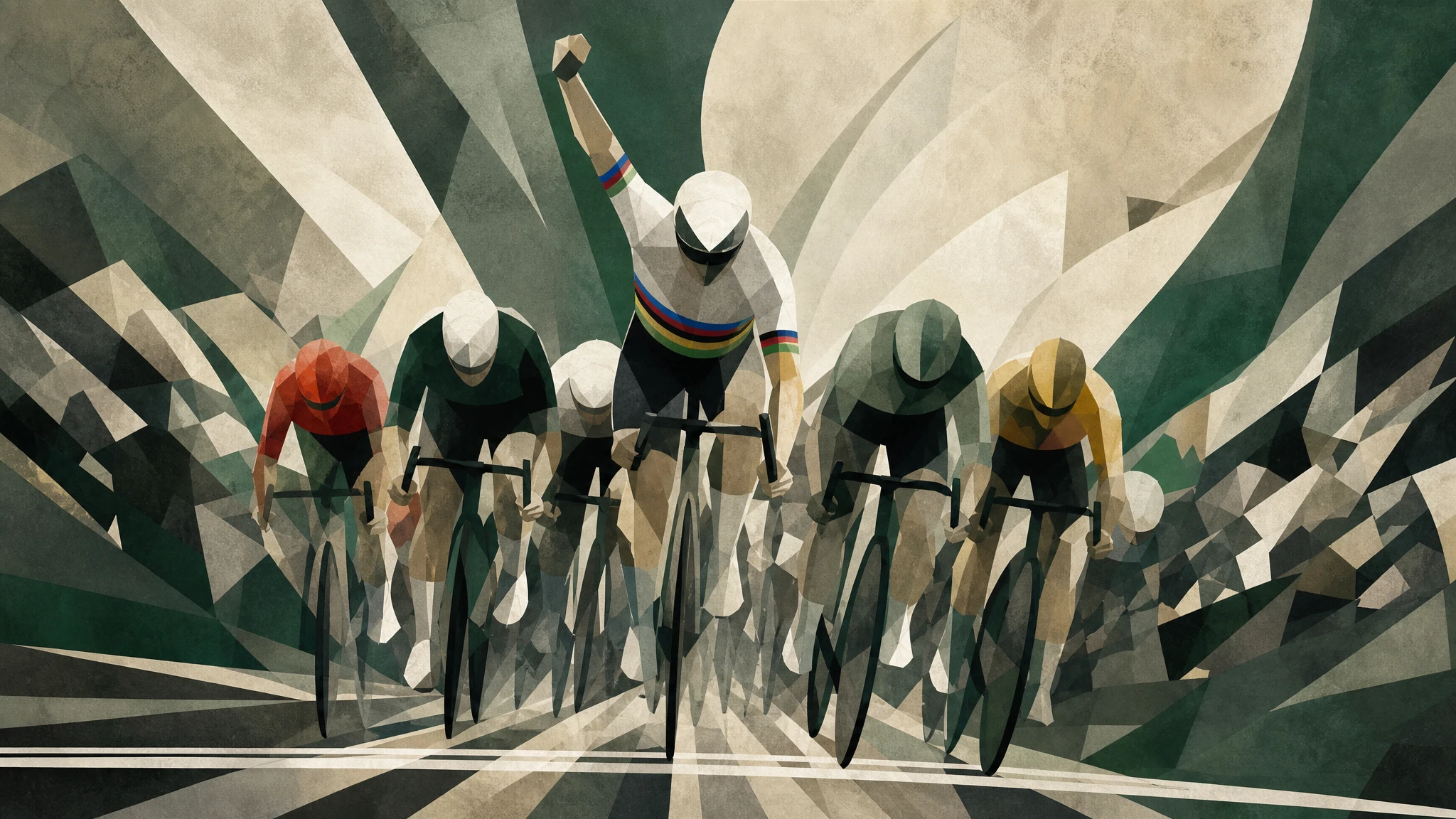 Ilustración editorial de ciclistas en el sprint final de una carrera con colores del maillot arcoíris
