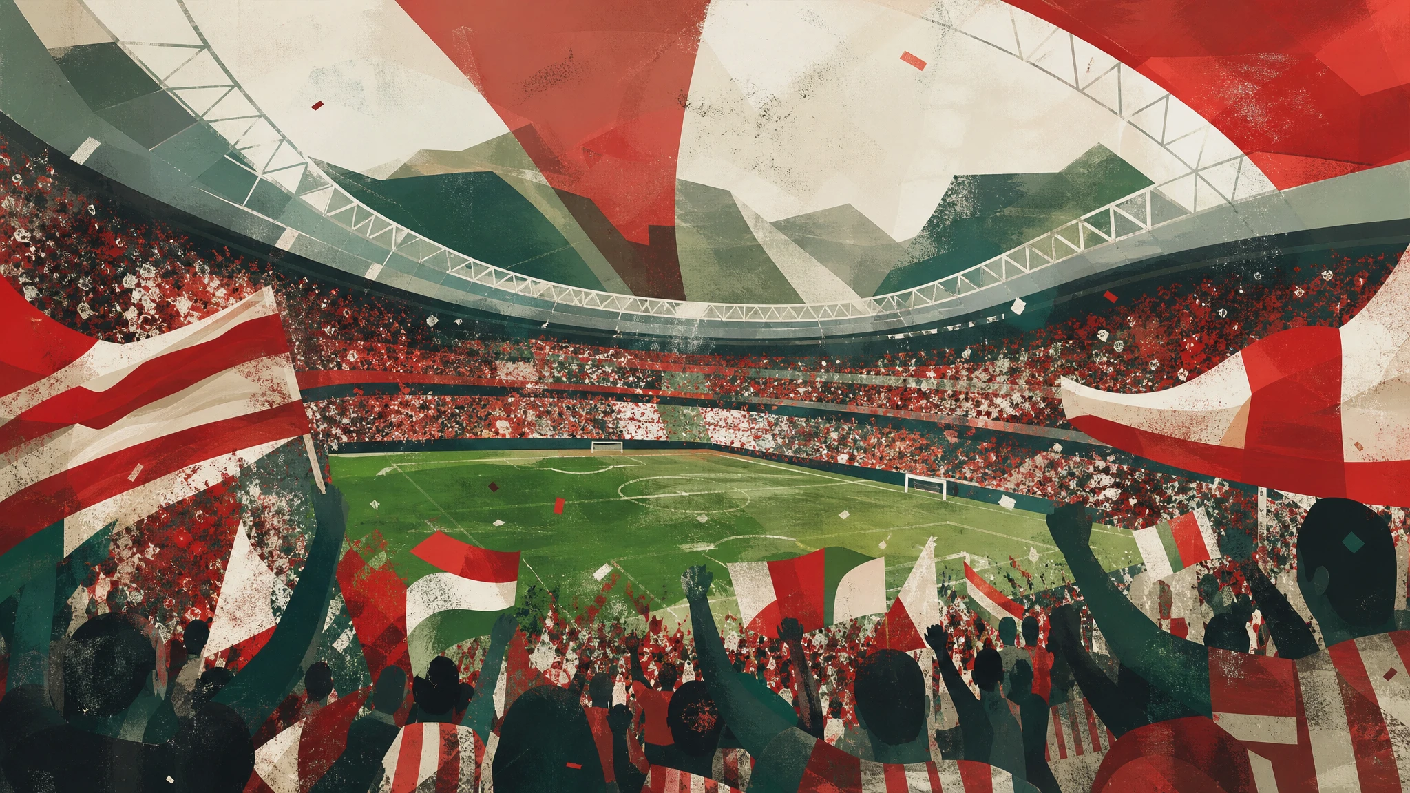 Ilustración conceptual de un estadio de fútbol con ambiente festivo
