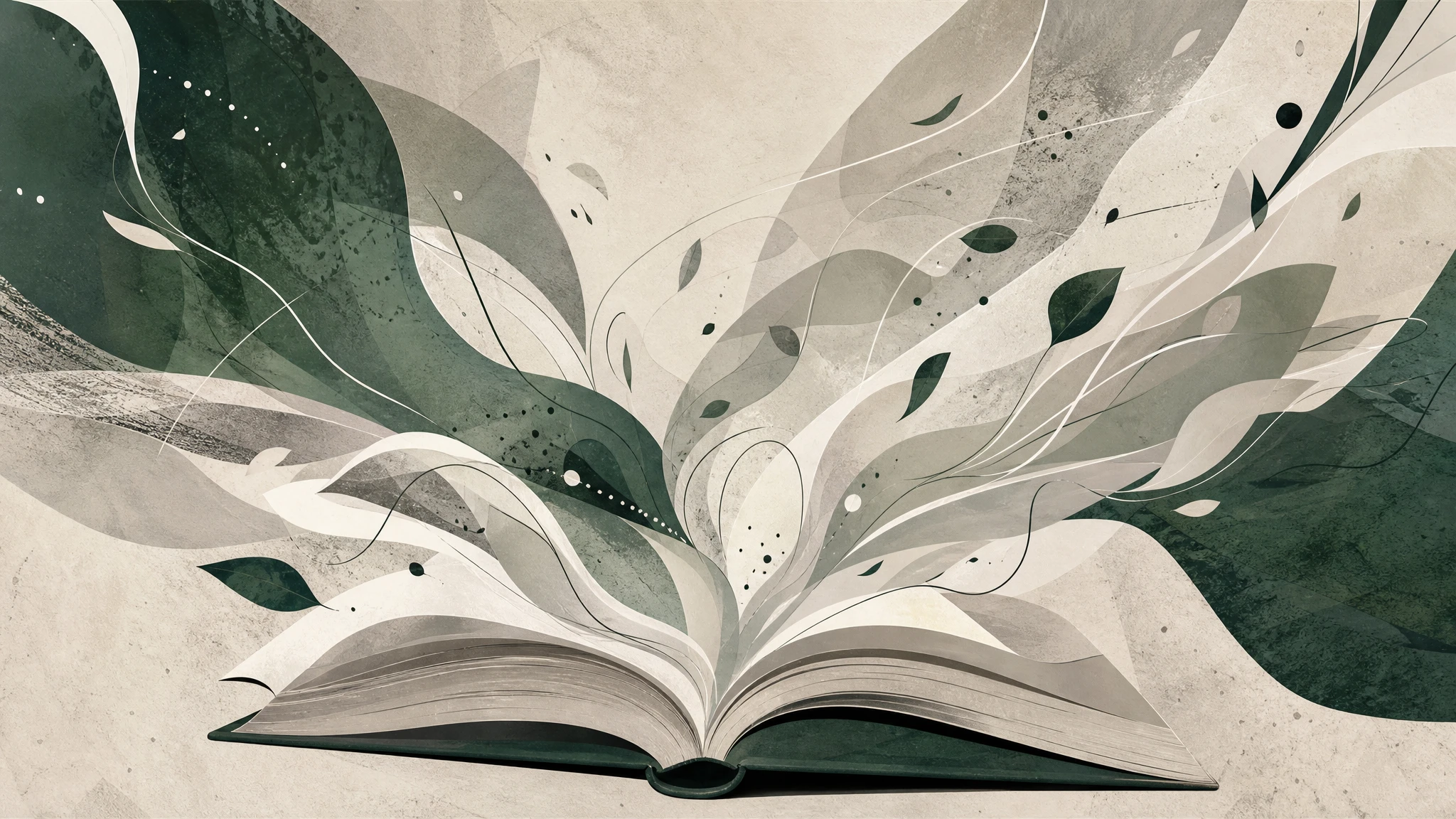 Ilustración conceptual de un libro de poesía abierto con texto fluido