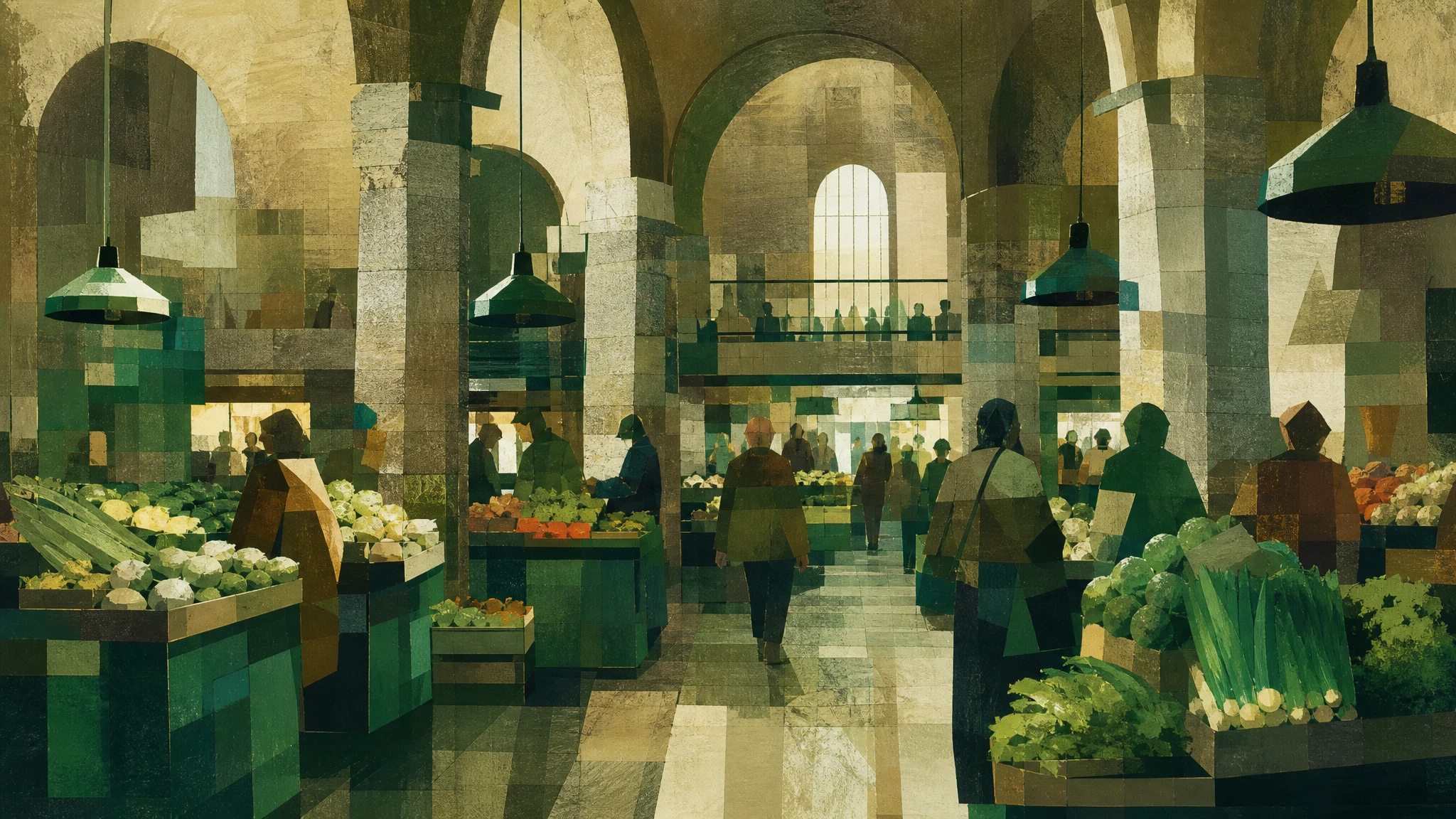 Ilustración de un mercado tradicional vasco con puestos de productos frescos