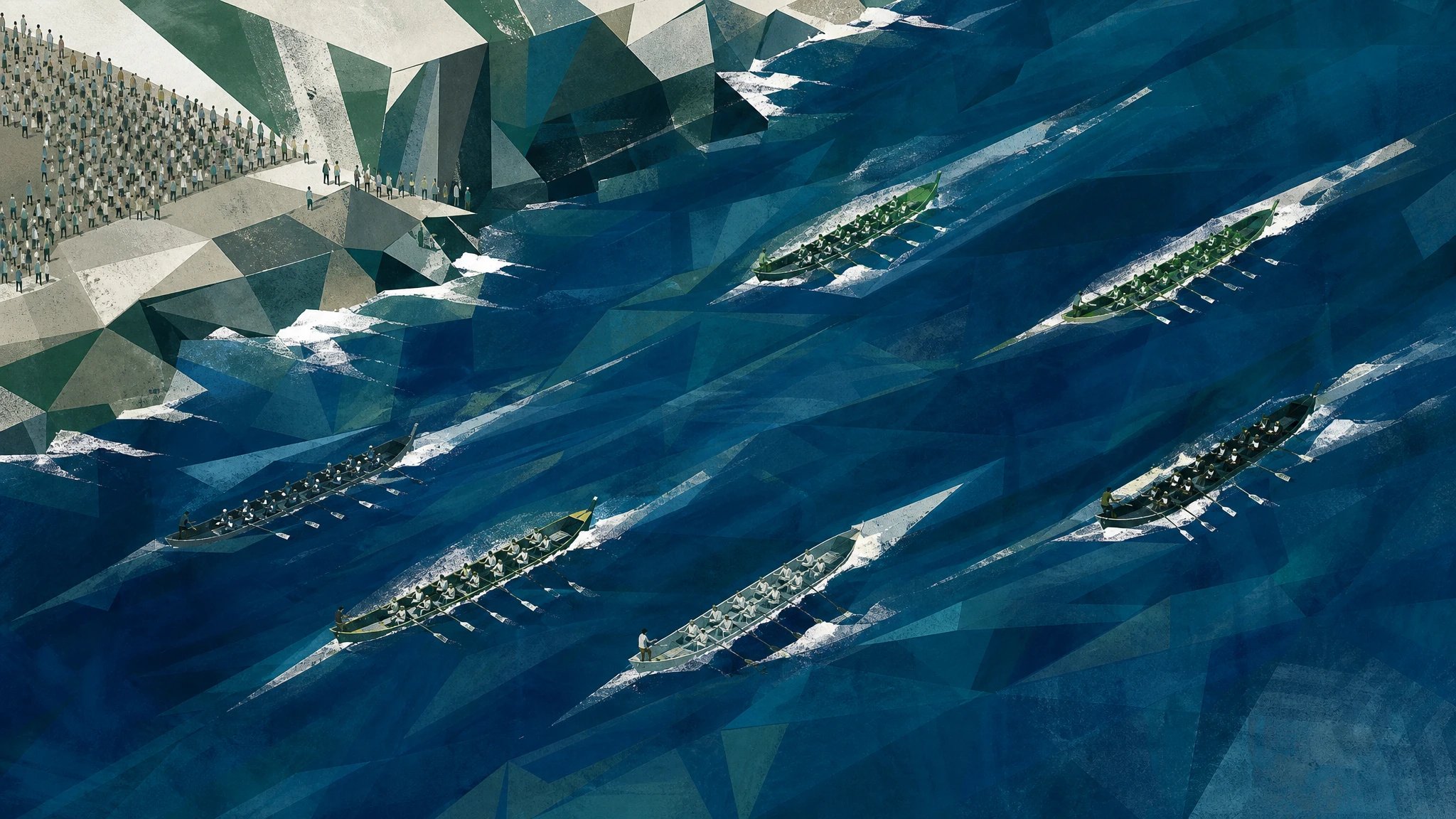 Ilustración editorial de una regata de traineras en aguas de bahía