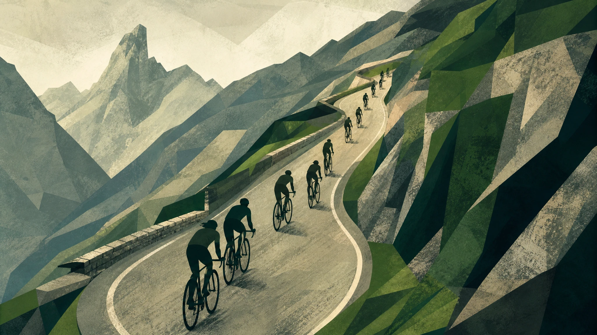 Ilustración conceptual de ciclistas ascendiendo por carretera de montaña