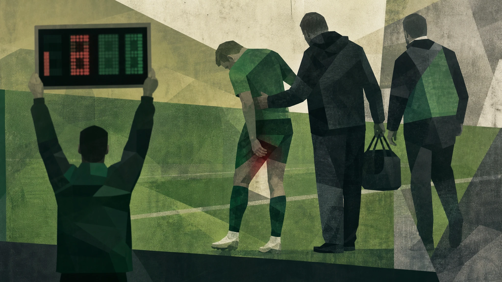 Concepto ilustrativo de un futbolista retirándose del campo con molestias físicas durante un partido