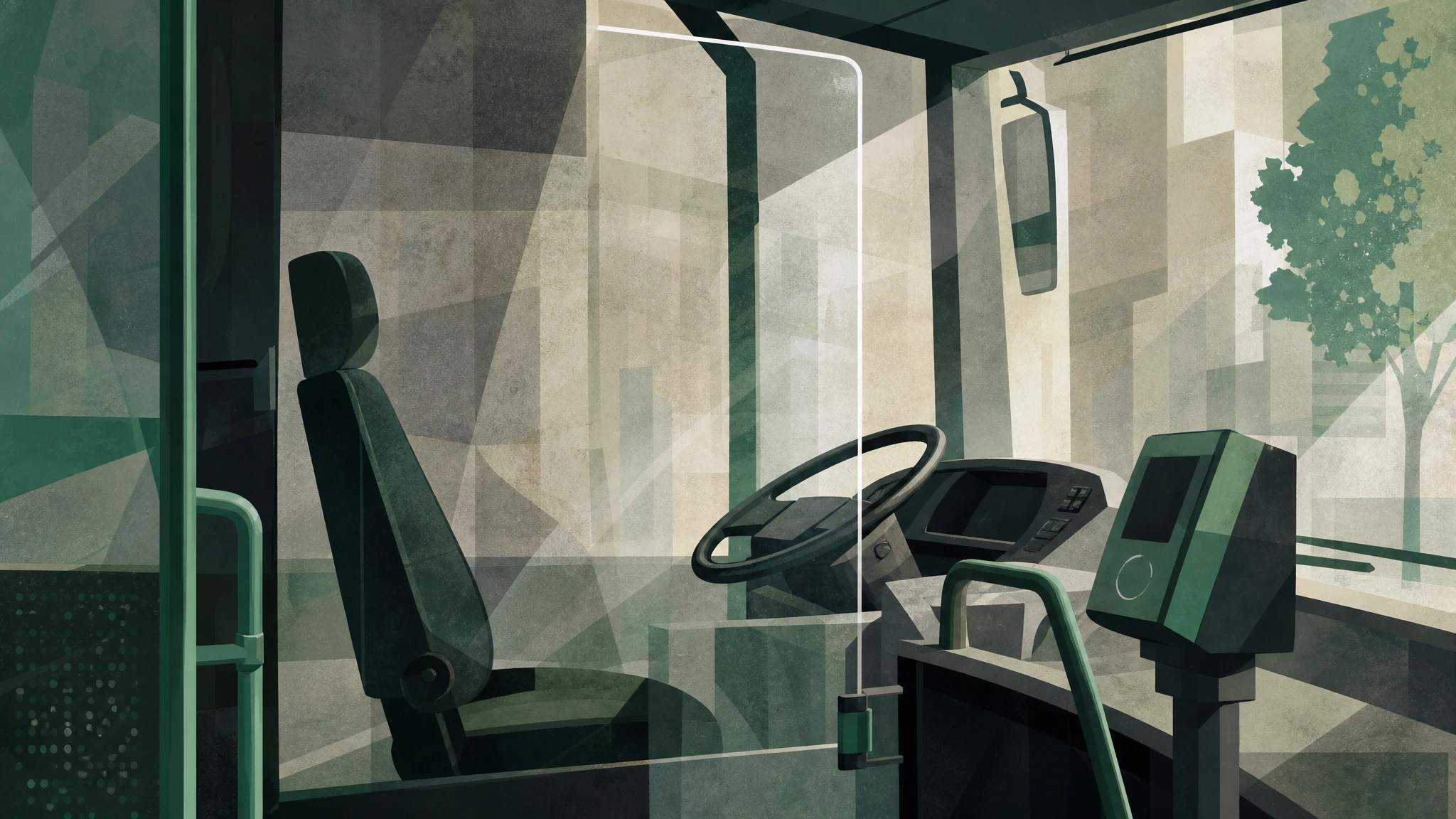 Representación ilustrativa del interior de la cabina de un conductor de autobús urbano