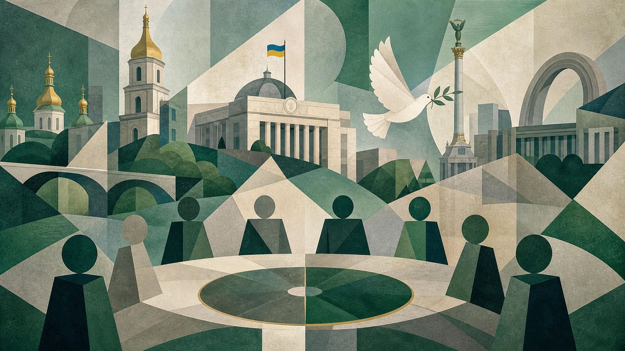 Ilustración conceptual sobre negociaciones diplomáticas en Kiev