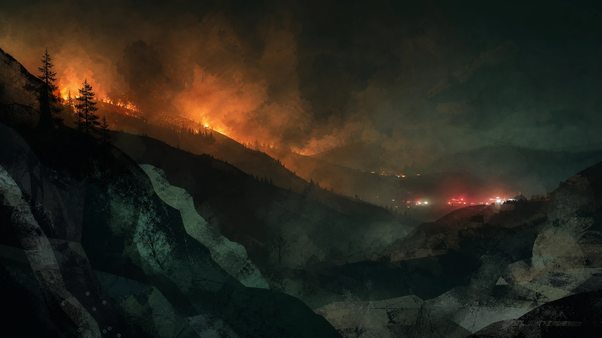 Representación abstracta de un incendio forestal nocturno con columnas de humo