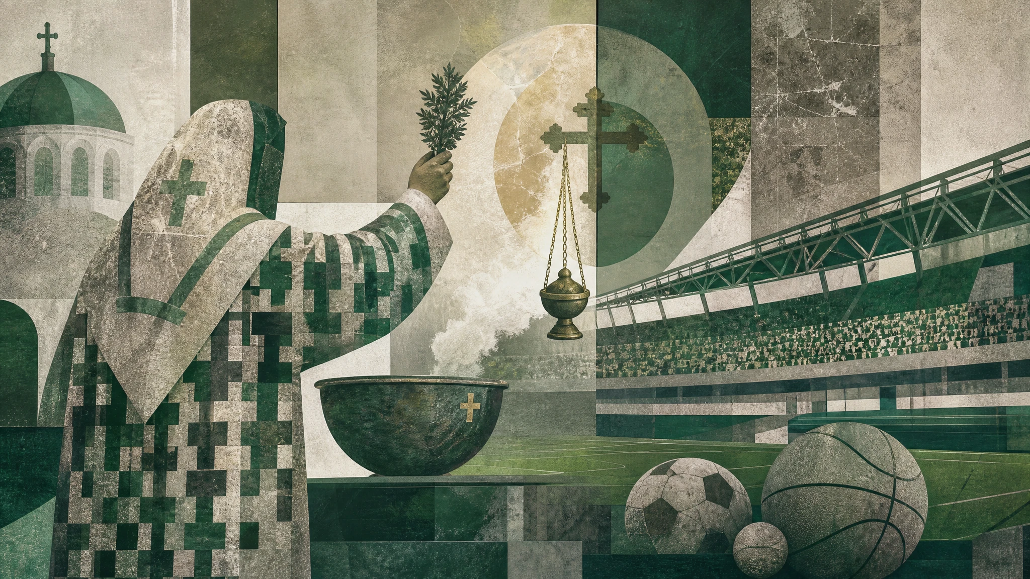 Representación abstracta de una ceremonia de bendición ortodoxa en el mundo del fútbol