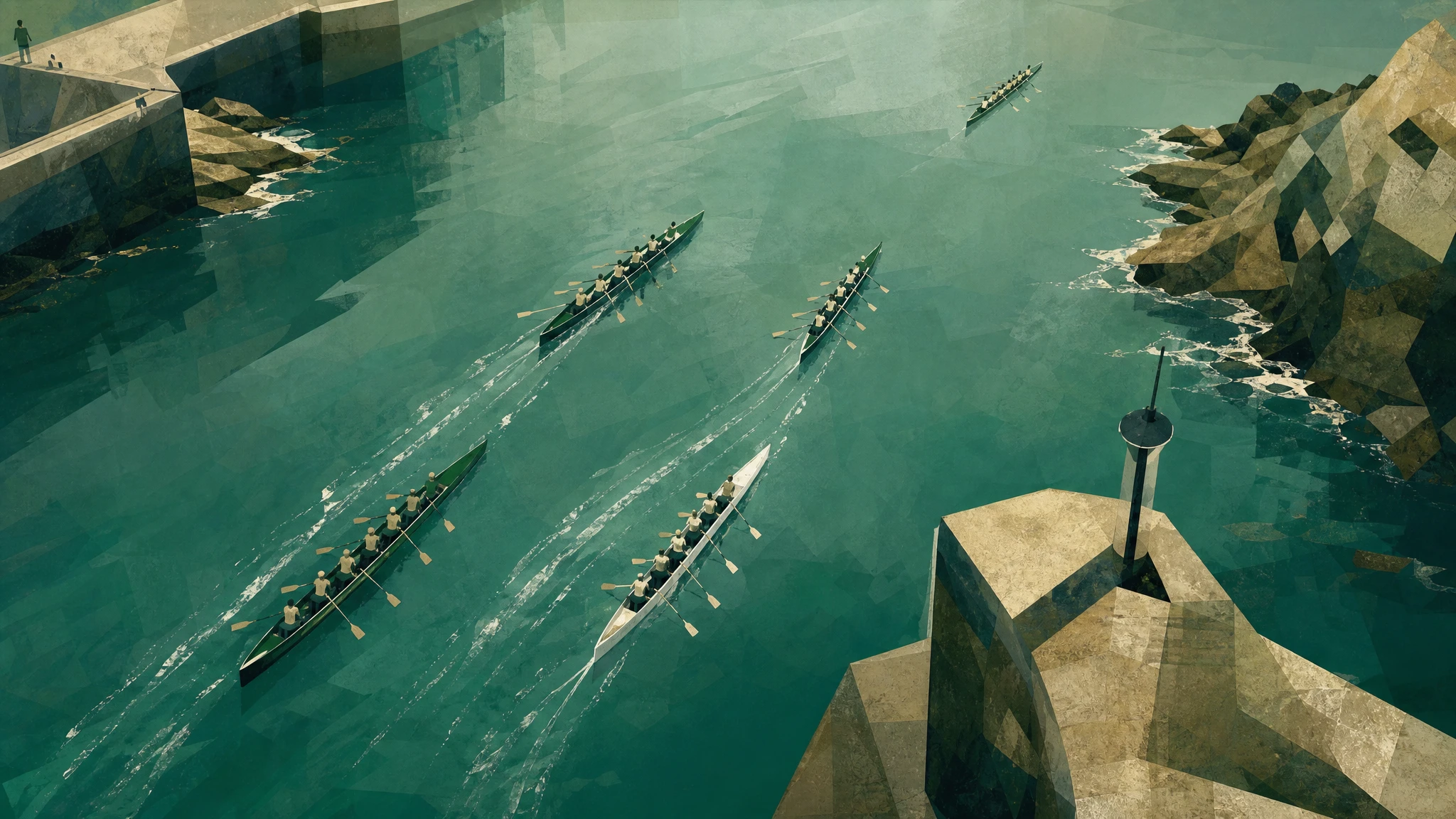 Vista ilustrativa de una regata de traineras en una bahía