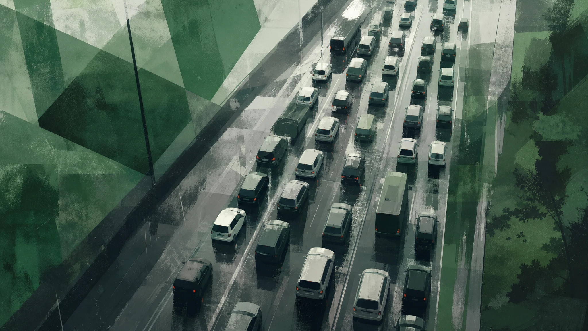 Ilustración conceptual de retenciones de tráfico en una autovía