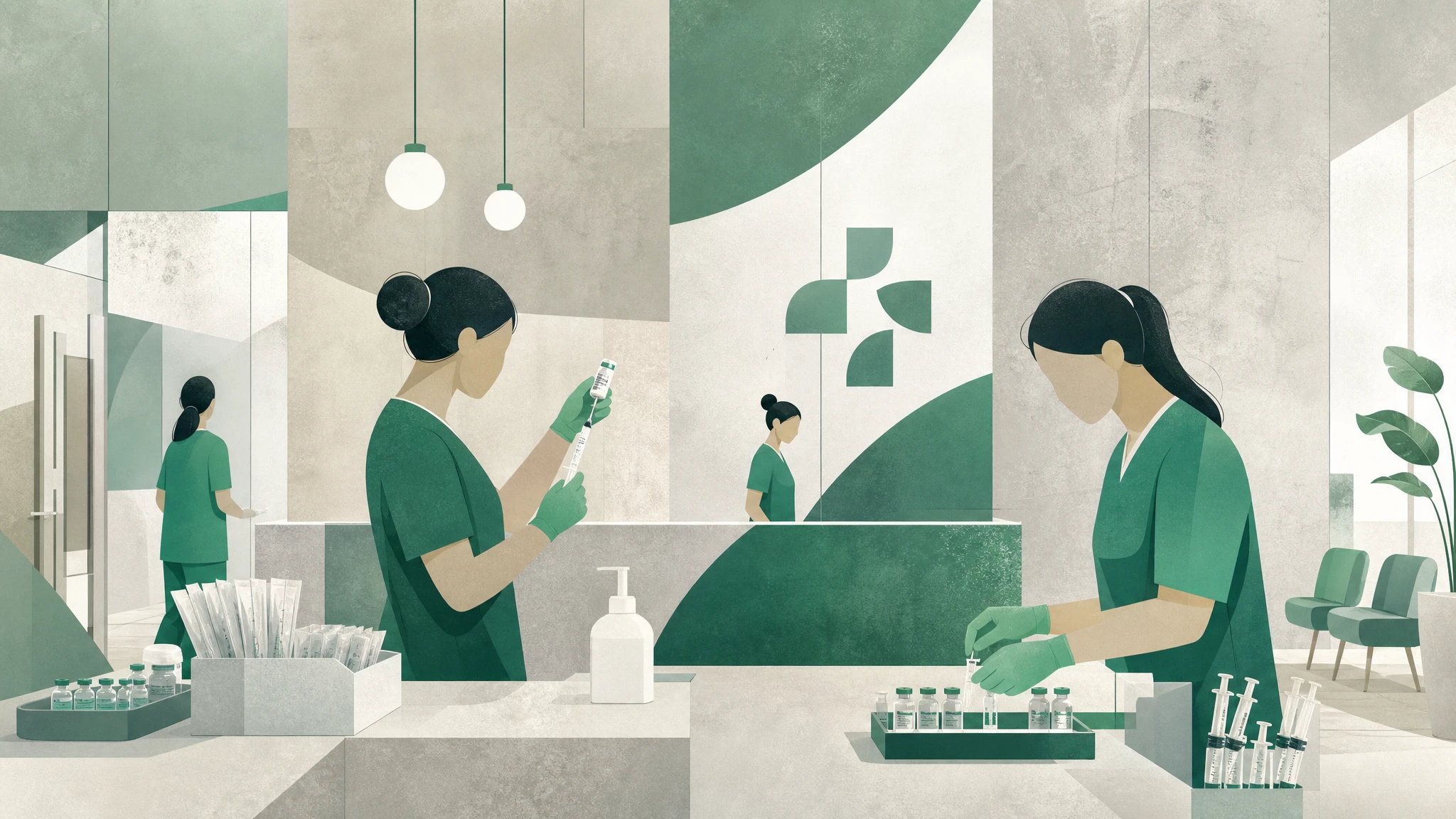 Ilustración de un centro de vacunación con personal sanitario preparando dosis