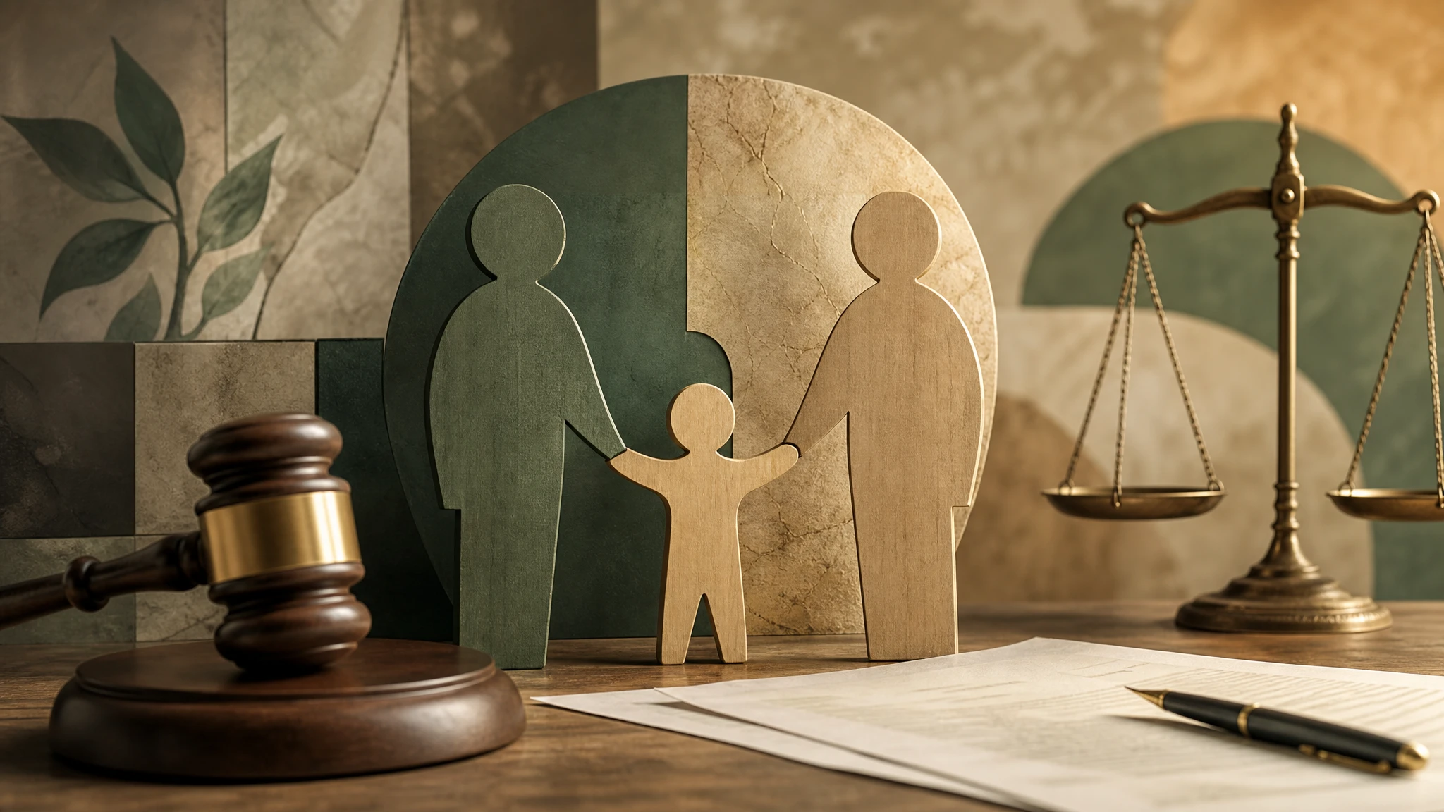 Ilustración conceptual sobre justicia familiar y custodia compartida